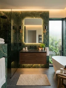 Green marble bathroom paired with black fixtures