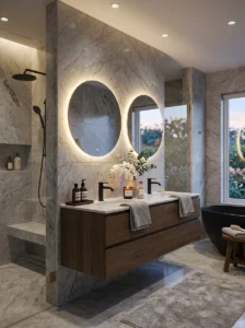 Grey marble bathroom with modern black fixtures