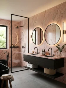 Pink marble bathroom with modern black details