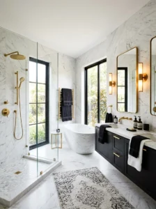 White marble bathroom walls with elegant gold fixtures