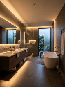 Modern bathroom featuring LED lighting and sleek tiles