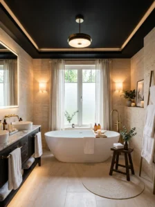 White freestanding bathtub beneath a black bathroom ceiling