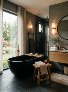 Black freestanding tub in a soft grey bathroom