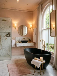 Pink bathroom with matte black freestanding bathtub