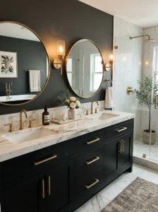 Matte black bathroom cabinet with gold hardware accents