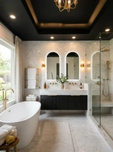 Black bathroom ceiling with white marble walls and gold fixtures