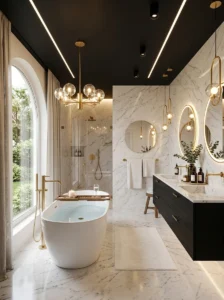 Modern bathroom with black ceiling, white marble walls, and gold fixtures