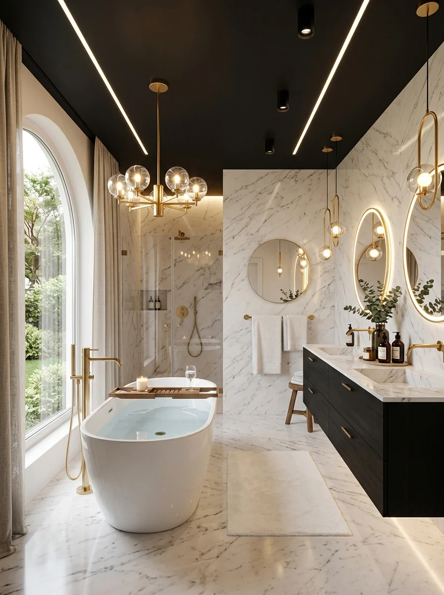 Modern bathroom with black ceiling, white marble walls, and gold fixtures