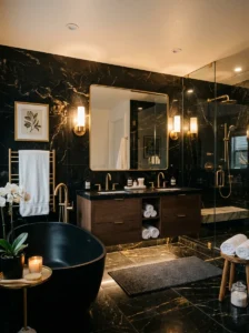 Black marble bathroom tiles with luxury gold accents