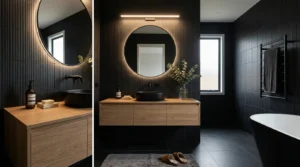 Modern black tile bathroom with warm lighting and floating vanity