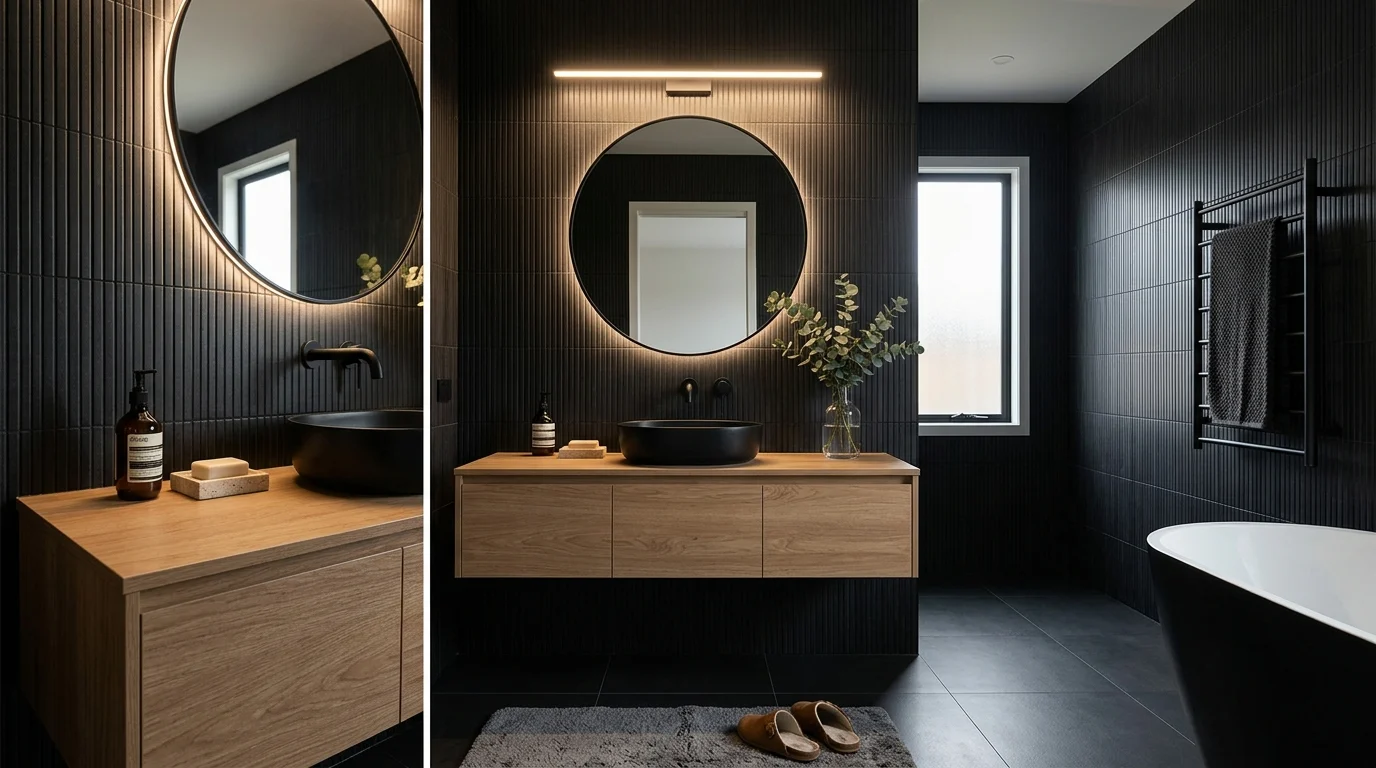 Modern black tile bathroom with warm lighting and floating vanity