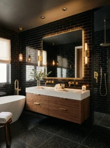 Glossy black subway tile bathroom with reflective surfaces
