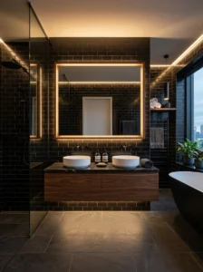 Black subway tile bathroom illuminated with warm LED lighting
