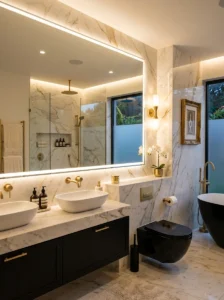 Glossy black toilet in a luxury marble bathroom