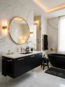 Luxury black white and gold bathroom with marble walls and gold fixtures