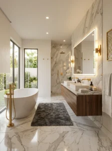 Marble look bathroom floor tiles with elegant decor