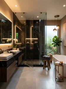 Black marble shower with grey bathroom flooring