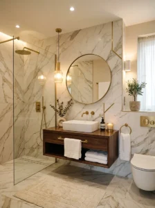 Marble look porcelain bathroom tiles in a modern design