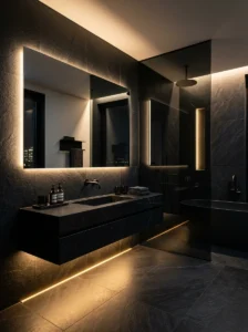 Hidden LED lighting adding depth to a luxury black bathroom
