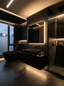 Black bathroom highlighted with warm LED lighting