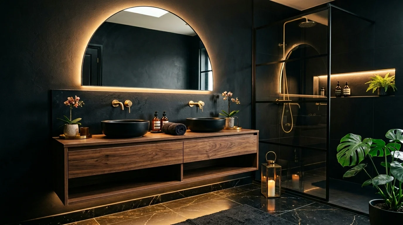 Luxury black bathroom with modern fixtures and warm lighting