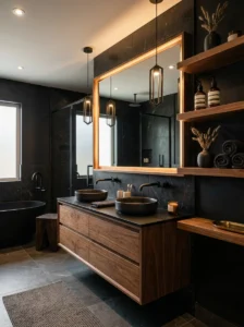 Black and walnut wood bathroom combination with warm luxury styling