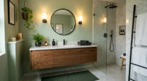 Modern green and black bathroom with warm lighting and matte black fixtures