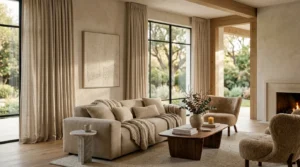 Luxury living room with perfectly hung floor-length curtains and elegant neutral decor.