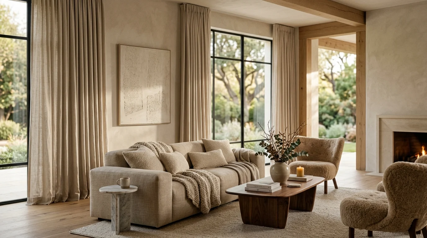 Luxury living room with perfectly hung floor-length curtains and elegant neutral decor.