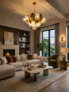 Decorative chandelier and designer lamps styled in a luxury modern living room.