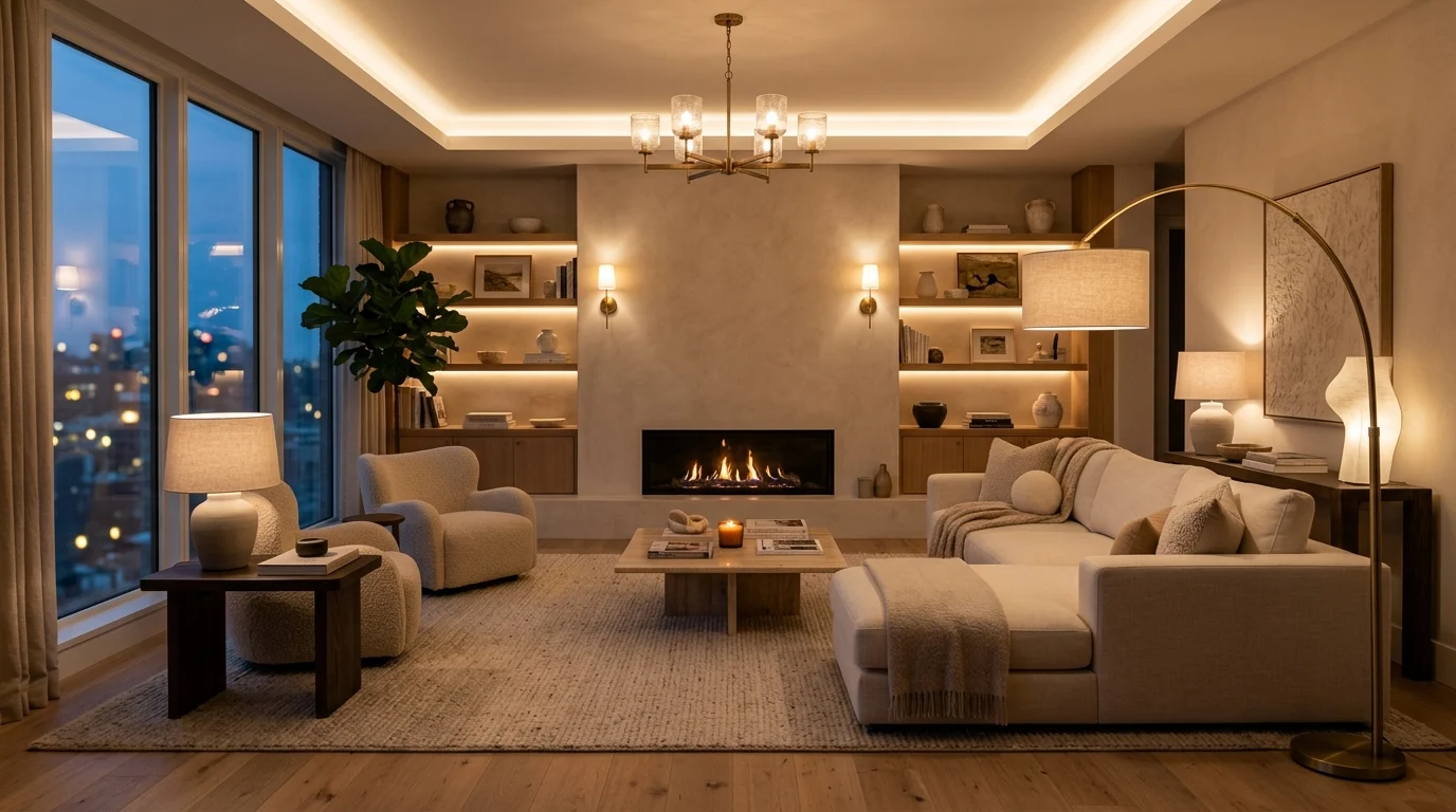 Cozy luxury living room featuring layered lighting with lamps, sconces, and warm ambient lighting.