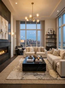 Black marble coffee table in a luxury penthouse lounge