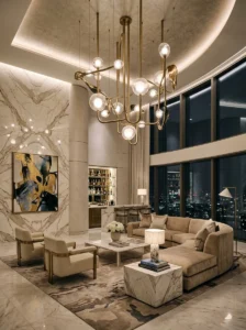 Statement sculptural lighting in a luxury penthouse lounge