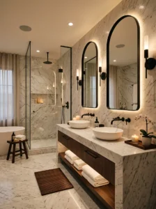 Luxury marble bathroom with modern black details