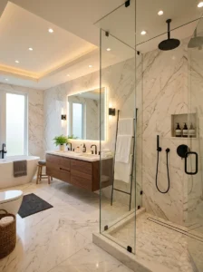 Black shower fixtures paired with marble bathroom walls
