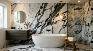 Luxury black and white marble bathroom with freestanding tub and modern decor