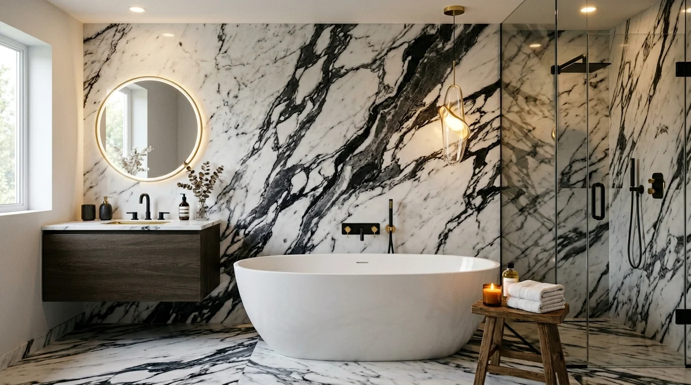 Luxury black and white marble bathroom with freestanding tub and modern decor
