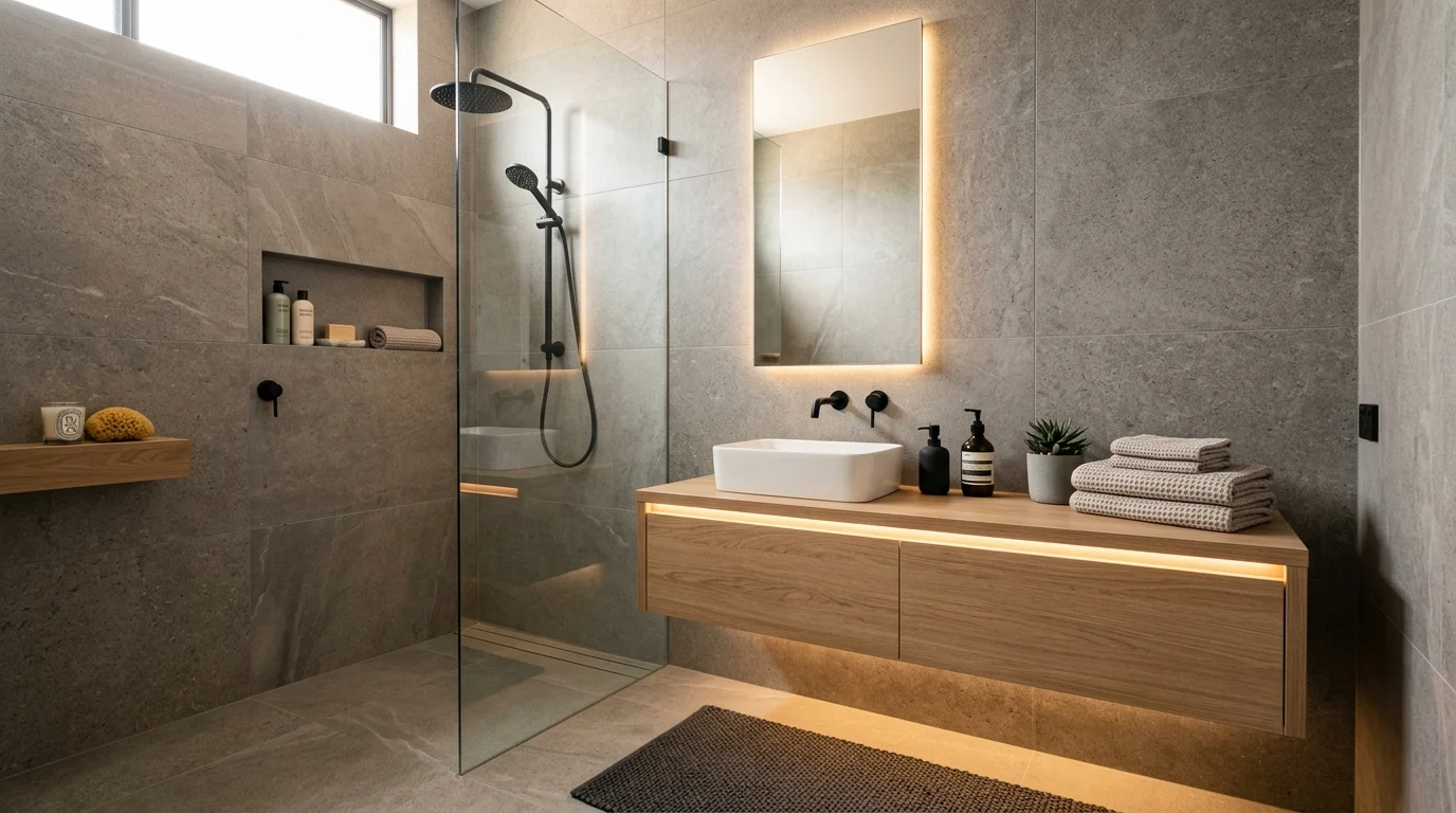 Modern bathroom with sleek tile walls and warm lighting