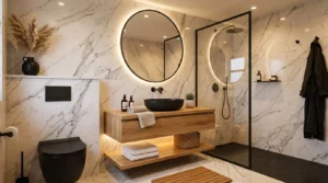 Modern luxury bathroom with matte black toilet and marble walls
