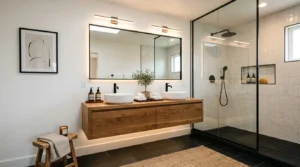 Modern bathroom with black floor tiles and warm contemporary decor