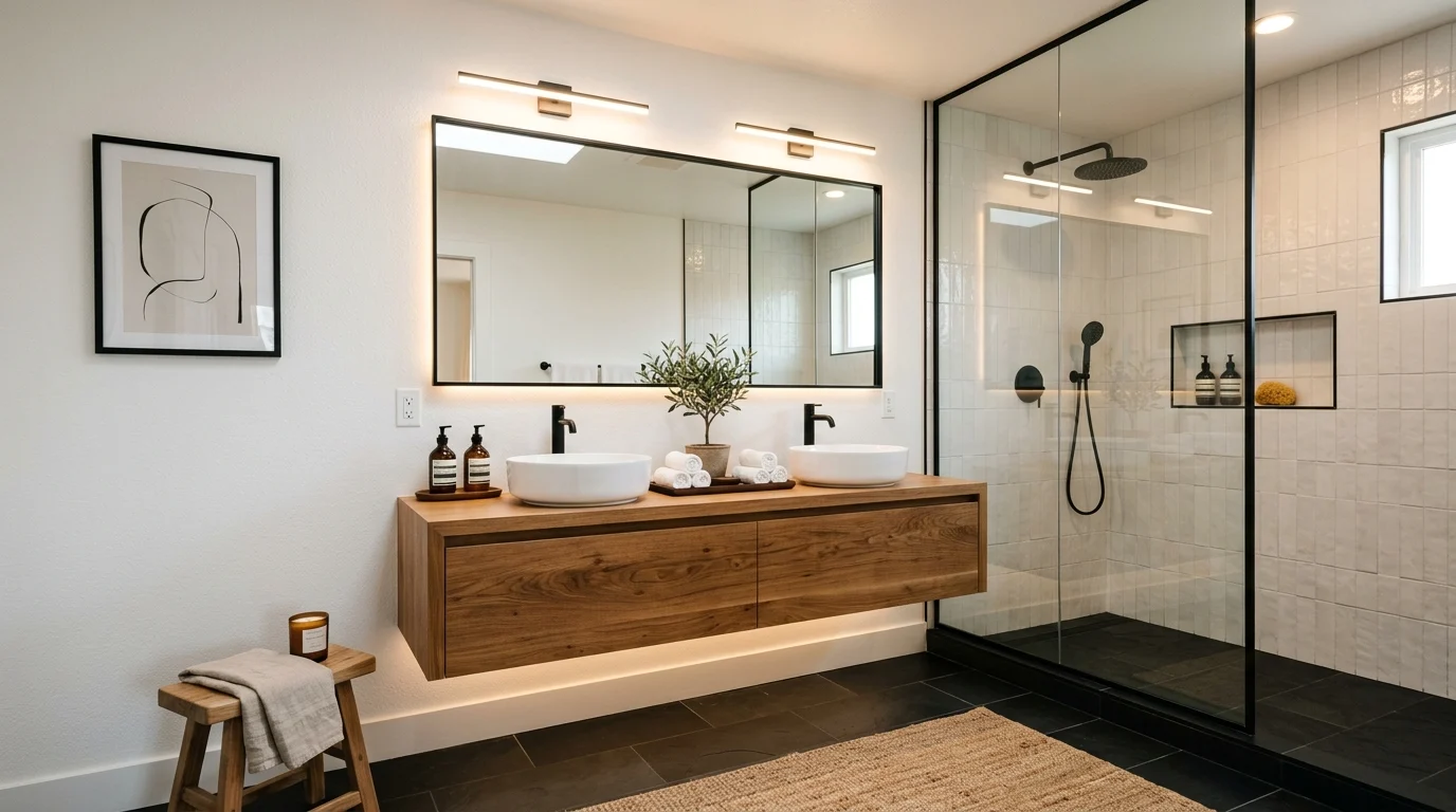 Modern bathroom with black floor tiles and warm contemporary decor