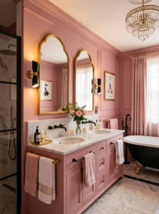 Pink bathroom with black and gold glamorous accents