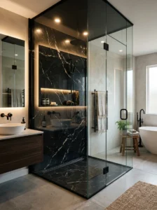 Black marble shower walls in a luxury bathroom