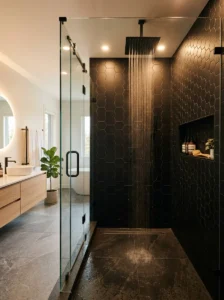 Matte black hexagon tiles on a modern shower wall