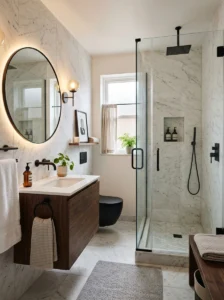 White marble bathroom with black details and modern styling