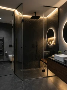 Full black tile walk-in shower with modern sleek styling
