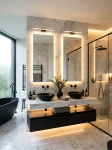 Black and white marble bathroom with LED lighting accents