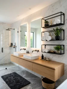 Modern marble bathroom with black open shelving and white towels