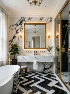 Black and white marble bathroom with gold accents and lighting