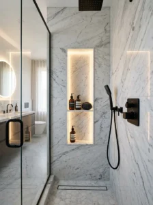 Black shower hardware paired with elegant marble shower niche